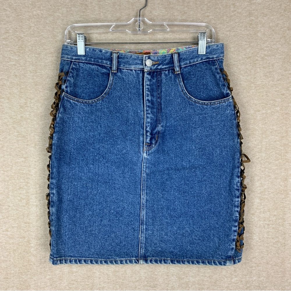 Vtg Jordache Jeans Skirt 13/14 Jr (29x20) Blue Denim Laced Boho Hippie 90s Mini